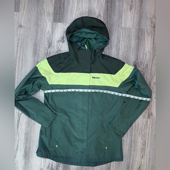 Marmot  Roam Rain Jacket Women’s Large Green Yellow Hooded Full Zip Waterproof - Picture 8 of 11